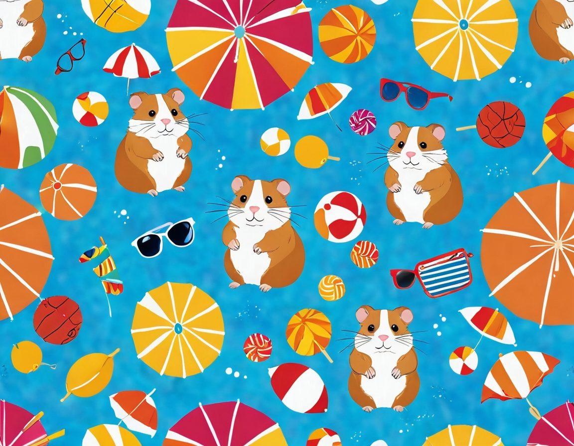 A playful and colorful scene capturing adorable hamsters wearing stylish swimwear, lounging on beach towels under a bright sun. Surround them with vibrant summer accessories like sunglasses, beach balls, and miniature umbrellas, all set against a sandy beach backdrop. Include a hint of ocean waves in the distance, bringing a refreshing summer vibe. The overall atmosphere should be cheerful and fun, inviting viewers into the delightful world of hamster fashion. super-realistic. vibrant colors. cheerful layout.