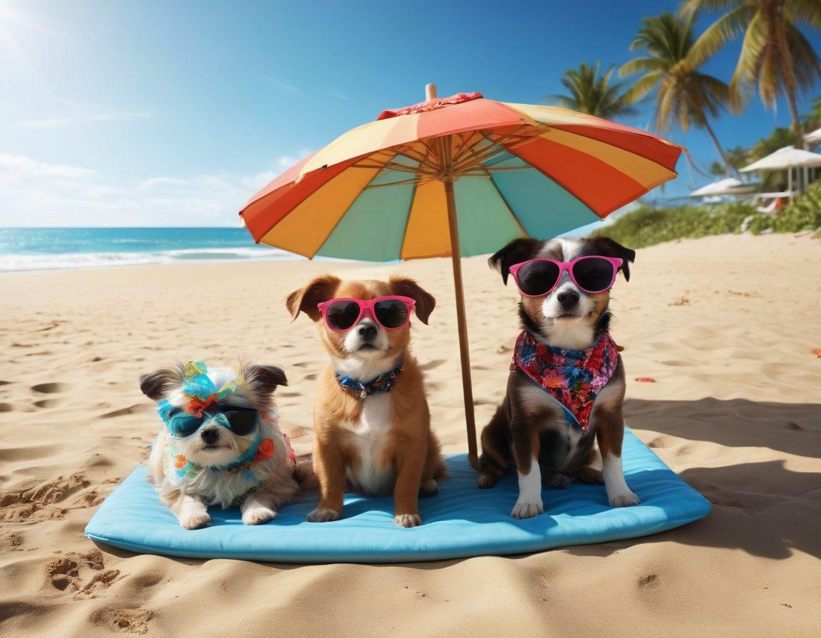 A vibrant, sun-soaked beach scene featuring fashionable dogs in trendy beachwear, such as sunglasses, floral shirts, and colorful hats. Surround them with beach accessories like surfboards, beach umbrellas, and sandcastles, capturing a joyful summer vibe. Include playful elements like beach balls and frisbees in the background. The sky is clear blue, and the ocean waves are gently rolling in. super-realistic. vibrant colors. 3D.
