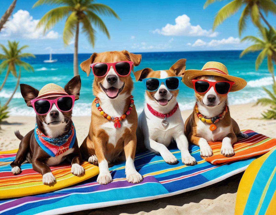 A sunny beach scene featuring stylish pets dressed in colorful summer outfits, lounging on beach towels with sunglasses and hats. Include playful surfboards and beach toys scattered around, while a vibrant ocean waves crash in the background. Capture the essence of fun and fashion combining human beachwear with unique pet accessories. bright colors. playful cartoon style.